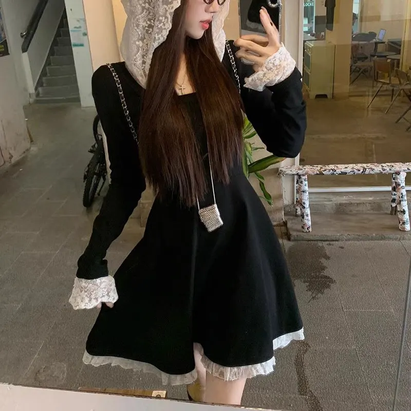 Stylish Lace Hooded Dresses Patchwork Women's Clothing Vintage A-Line Waist Spring Autumn Aura Elegant Long Sleeve Mini Dress