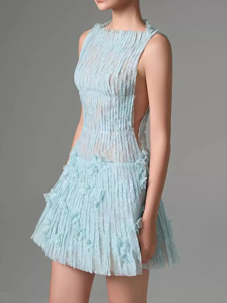 고품질 3D 나비넥타이 레이스 드레스 봄 여성 민소매 지퍼 슬림 숏 드레스 여름 하이웨이스트 솔리드 레이스 미니 드레스