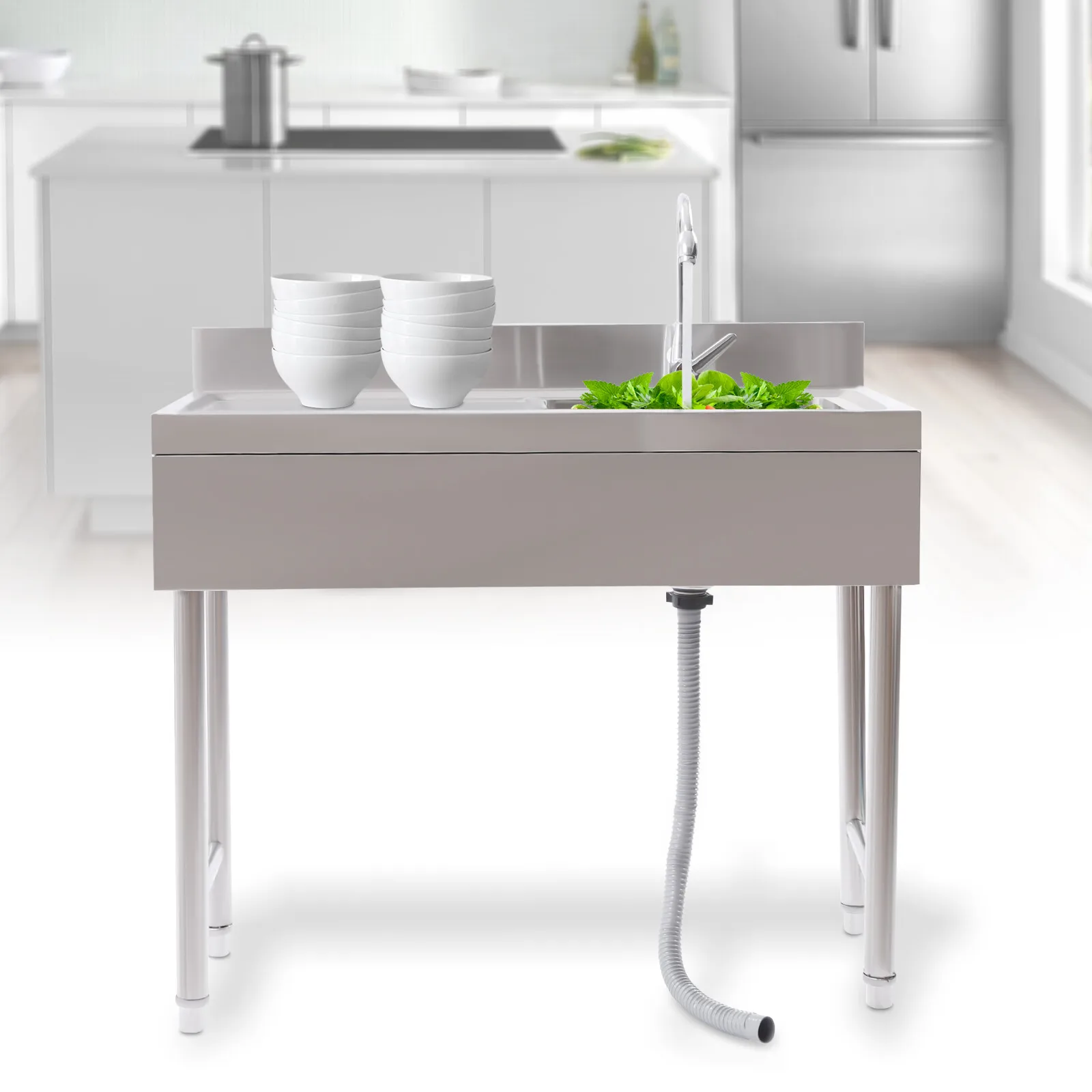201 Stainless Steel Commercial Sink Kitchen Utility Sink 1 Compartment & Prep Table