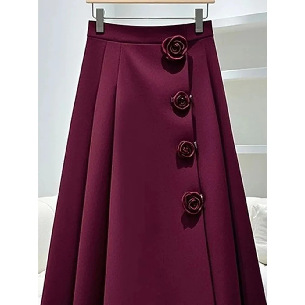 French High-waisted Versatile A-shaped Skirt Spring Autumn Irregular Long Women's Skirt Black Red Large Size Solid Skirts