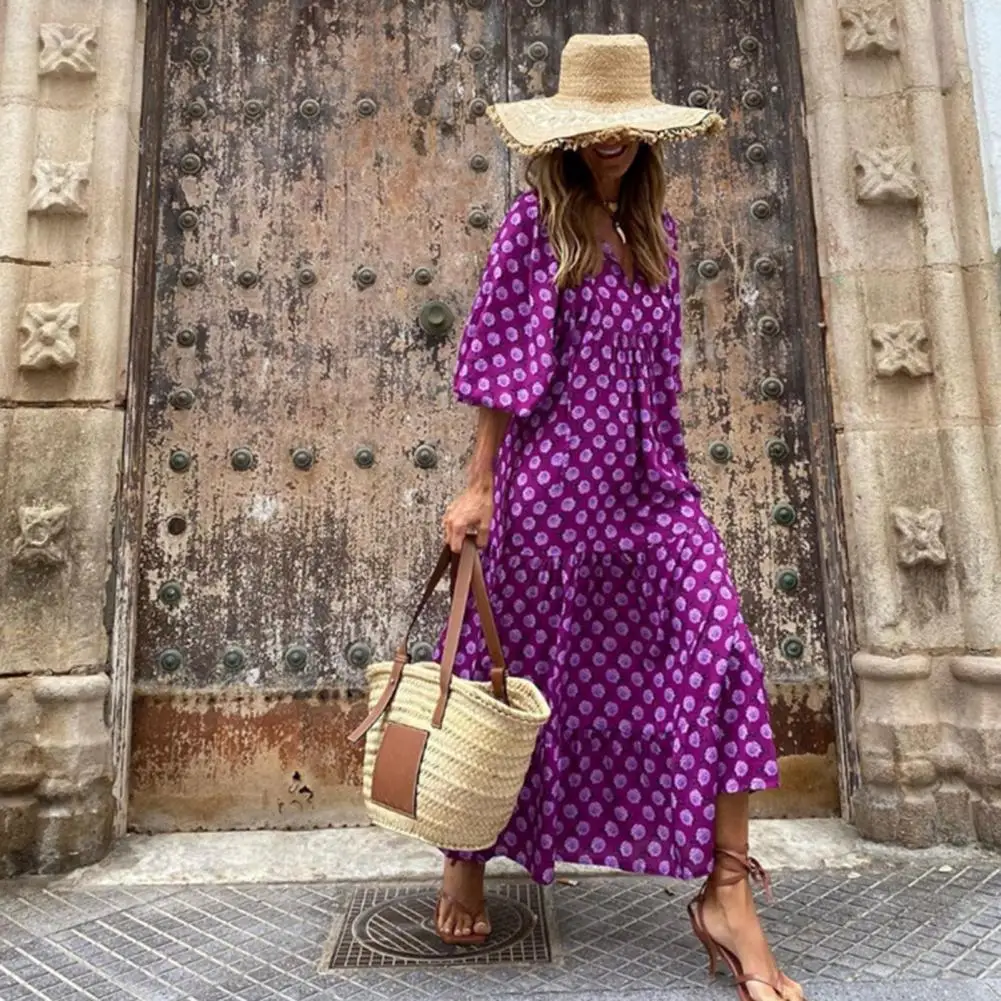 

Soft Women Clothing Geometric Print V Neck Midi Dress with Bubble Sleeves A-line Silhouette for Summer Vacation Beach Style