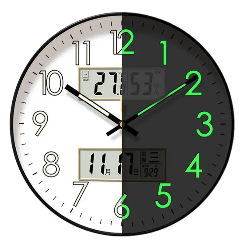 Modern Design Clock Silent Non Ticking Round Luminous Wall Clock with Calendar Large Digital Display Night Light Wall Clock