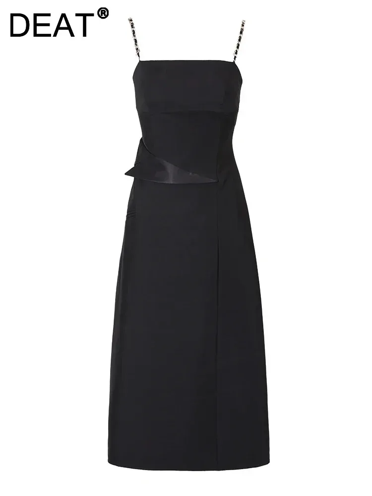 

DEAT Women's Patchwork Camisole Chain Zipper Dress 2024 Summer Slim Elegant Solid Color New Fashion Female Dresses New 15KB4380