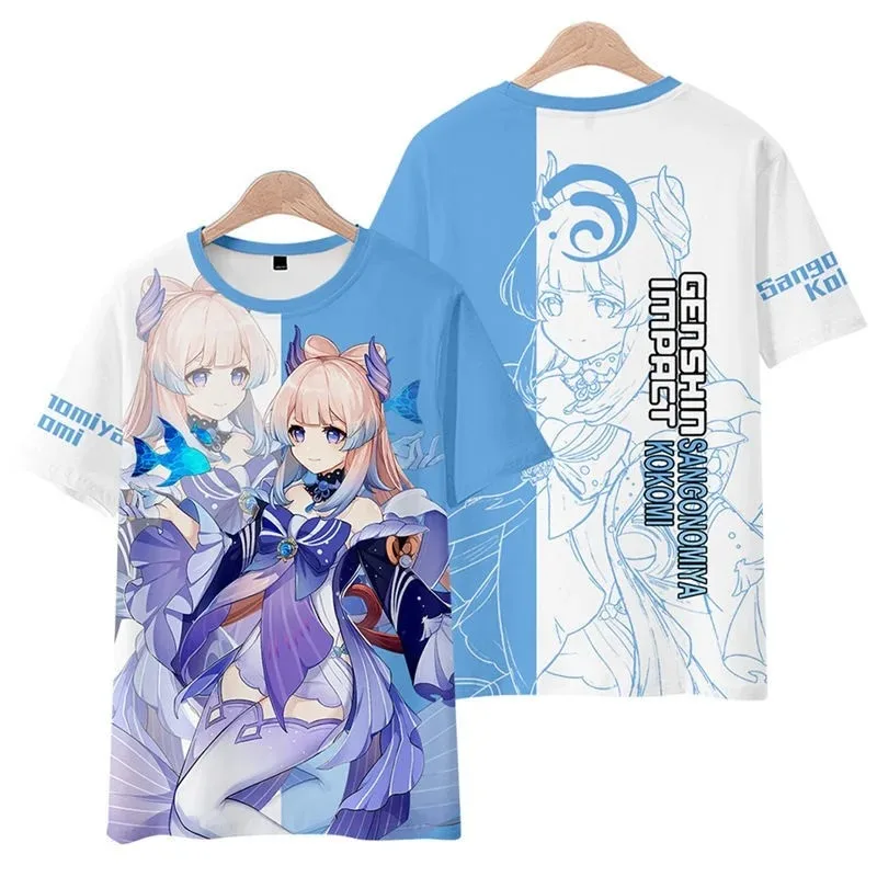 T-shirt Genshin Impact 3D para homens e mulheres, camisetas gráficas engraçadas, Sangonomiya Kokomi, traje cosplay, o-pescoço, manga curta, verão