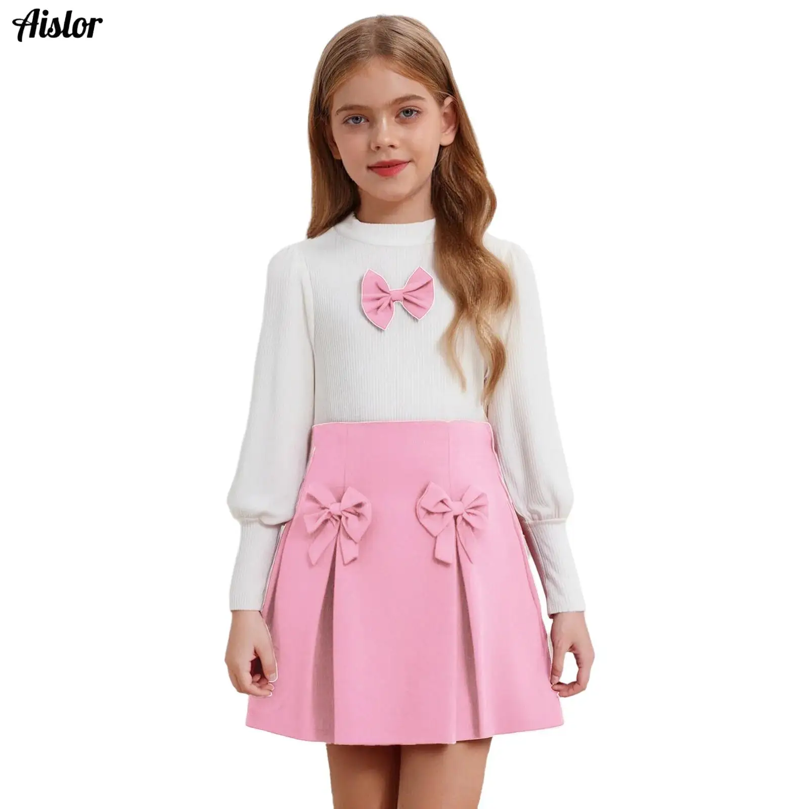 

Kids Girls Fashion Casual 2-Piece Outfit Sweet Long Sleeves Ribbed Top with Bowknot Skirt and Hat Set for Birthday Evening Party