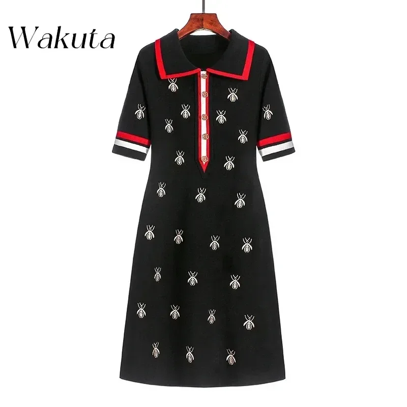 WAKUTA Elegant Spring Summer Knit Cartoon Embroidered Polo Gowns Woman Plus Size Casual Knee-length Straight Dresses Female2024