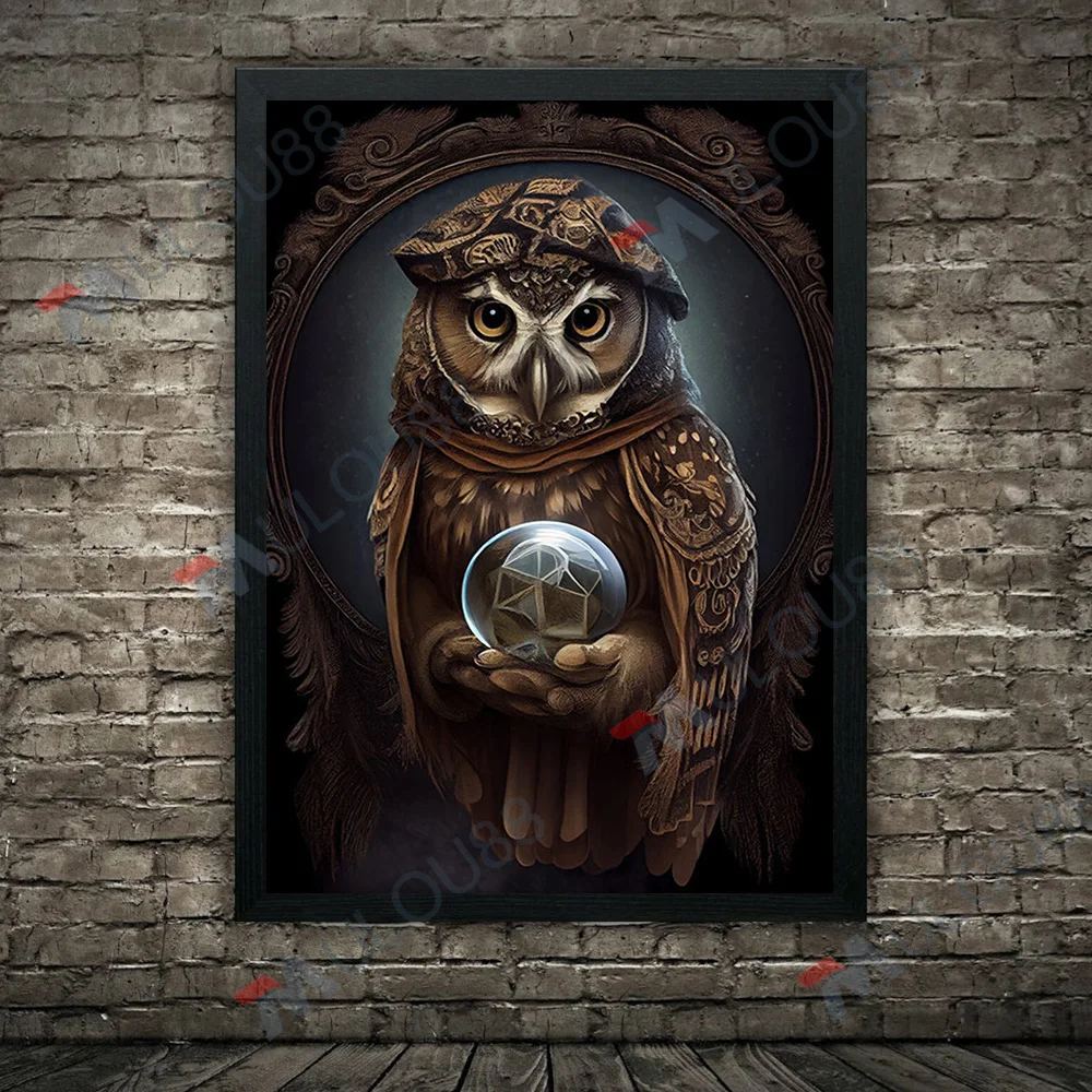 كريستال الكرة بير البومة صورة خمر الرسم على لوحات القماش الجدارية البومة الحيوان معالجات الخيال ملصق فني طباعة ديكور المنزل غير المؤطرة