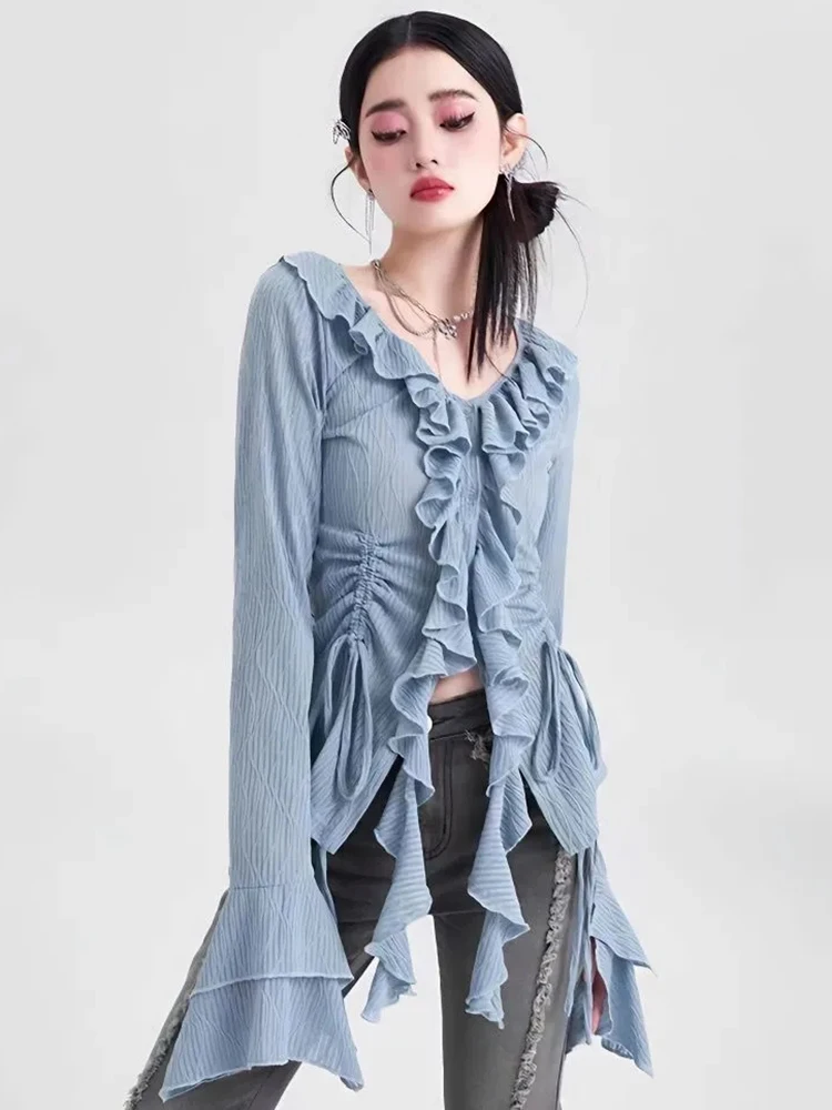 Korean Ruffles T Shirts Women Elegant Slim Flare Sleeve Tops Vintage Sexy V Neck Irregular Female Design Drawstring Tees