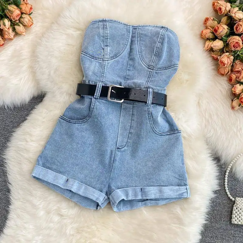 

Summer Casual Loose High Waist Denim Rer Women's Bridesmaid ort Pants Bandeau Tops And Bot Ensemble