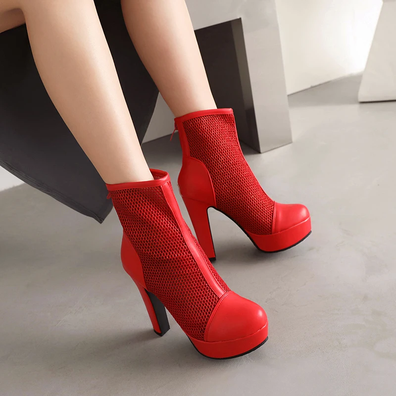 Hollow Breathable Mesh Stitching PU Women's Spring New Socks Boots Ultra-High Thick Heel Waterproof Platform Mid-Calf Boots