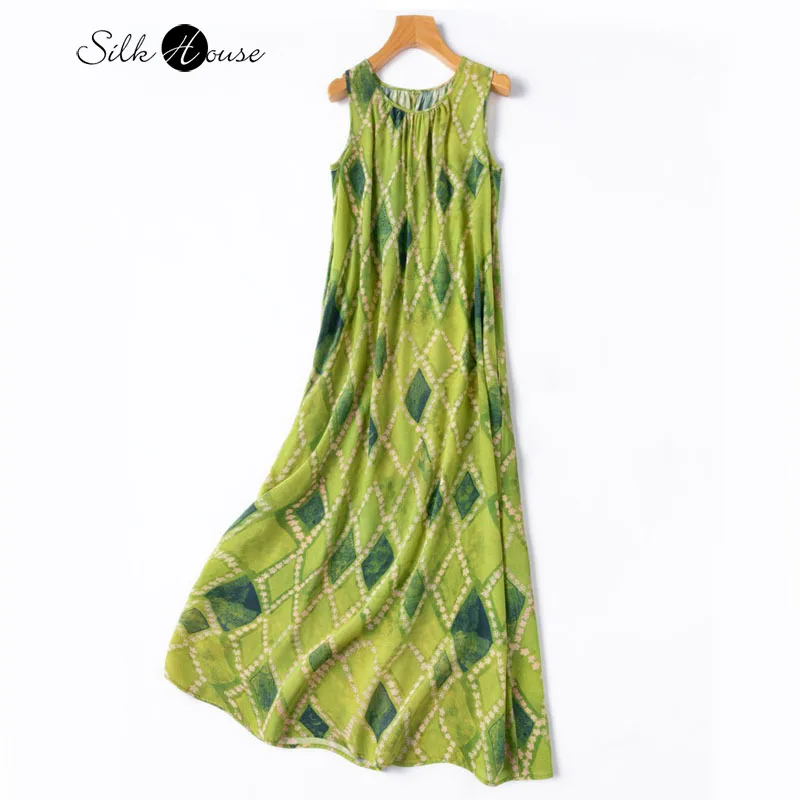 

2025 Women's Fashion New Mustard Yellow Green Diamond Grid Vacation Style 100% Natural Mulberry Silk Crepe De Chine Loose Dress