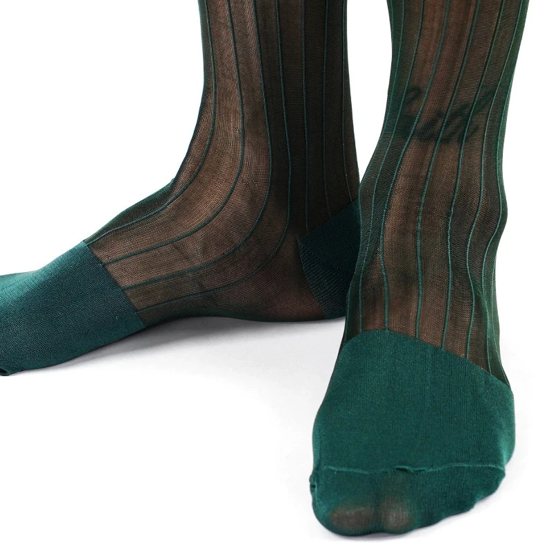 Mens Summer Ultra Thin Soft Breathable Knee High Business Nylon Socks Gifts Dress Green Striped Man Long Socks Formal Stockings - view 6