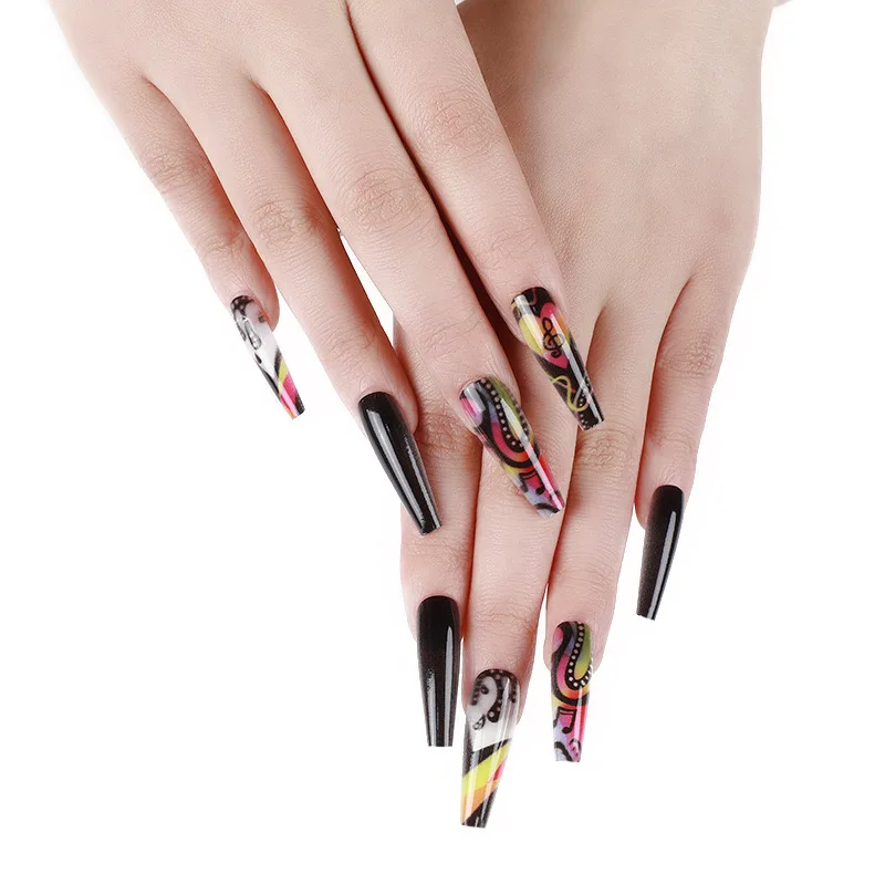 24pcs press on nail Long Coffin Full Cover Acrylic Press On Fake Nails raffiti and Musical Note Rainbow Designs False Nails