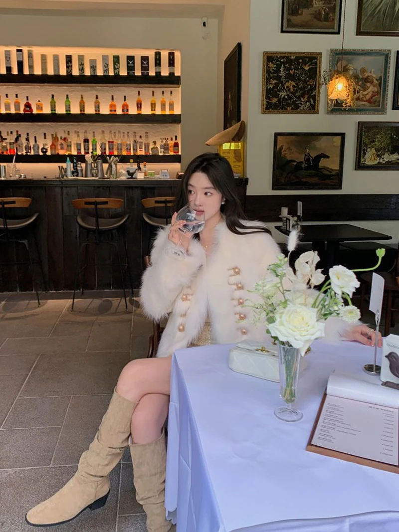 Chic White Women Faux Fur Jacket Pearl Button Coat Collarless Long Sleeve Cropped Loose Luxury Cozy Winter Outerwear Top
