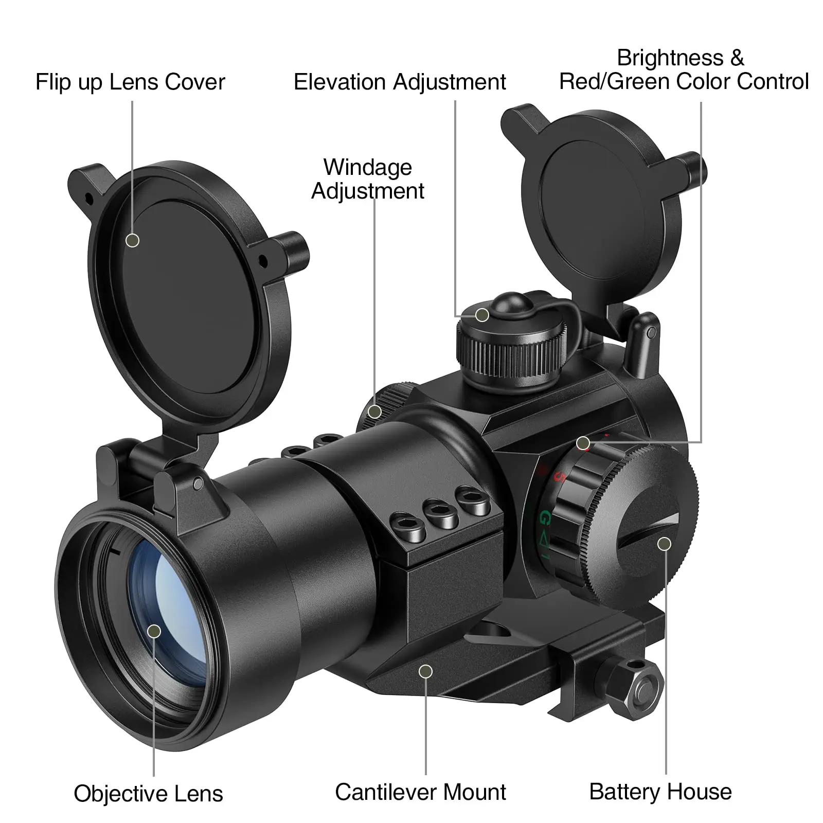 Red Green Dot Sight 1x30mm com Cantilever Mount Tactical Riflescope Reflex Optics Scope Colimador para 20mm Picatinny Rail Mounted