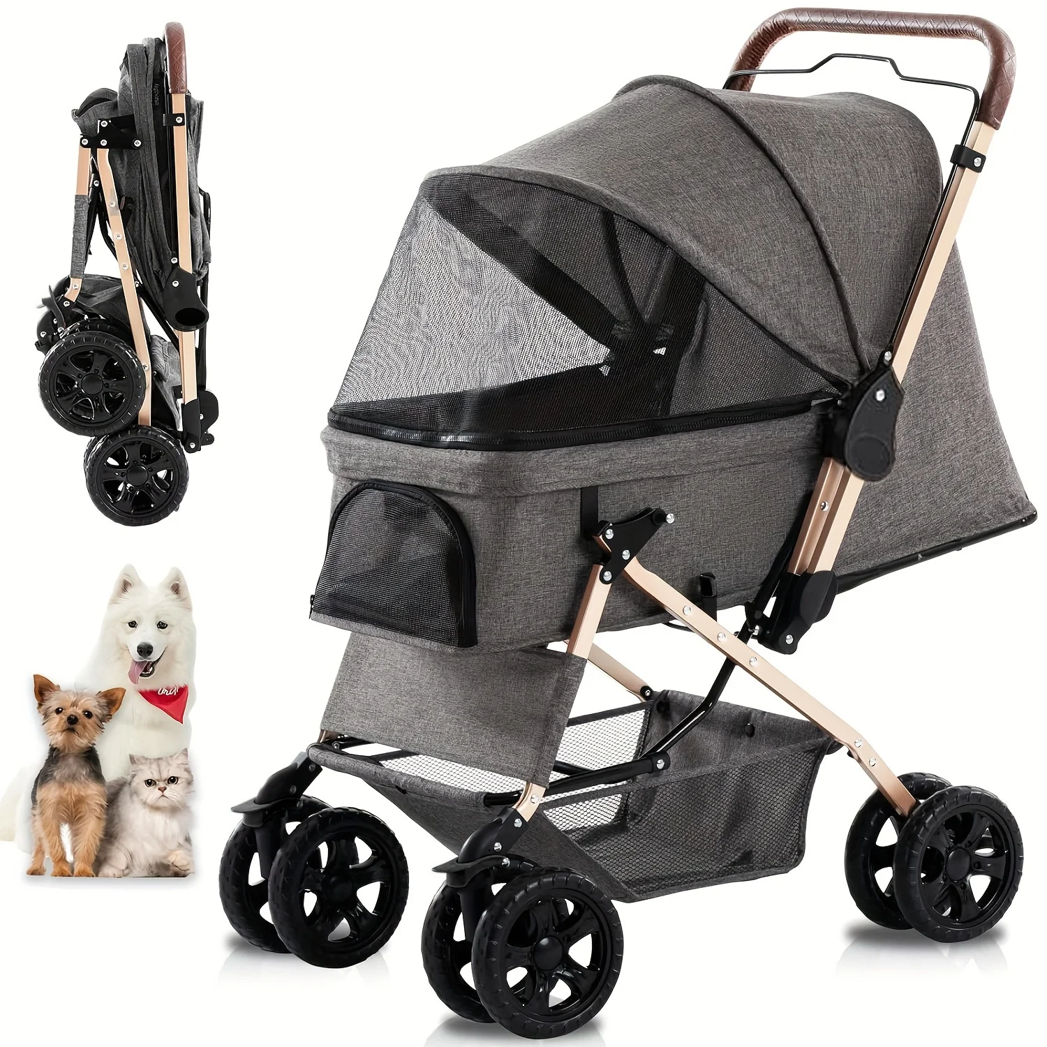 

Deluxe Four Wheel Dog Stroller with Weather Resistant Cover and Handy Storage for Strolling Small Pooches in Style