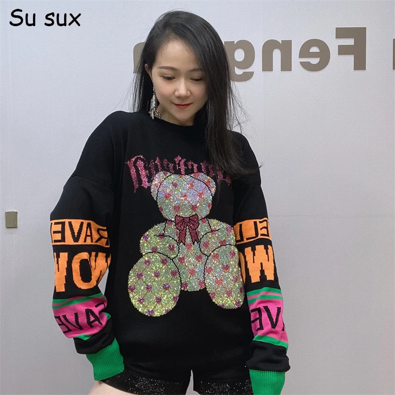 

Cartoon Bear Sequins Knitted Pullover Tops Women 2024 Spring Autumn Casual Loose O Neck Long Sleeve T Shirt Streetwear Bust 130