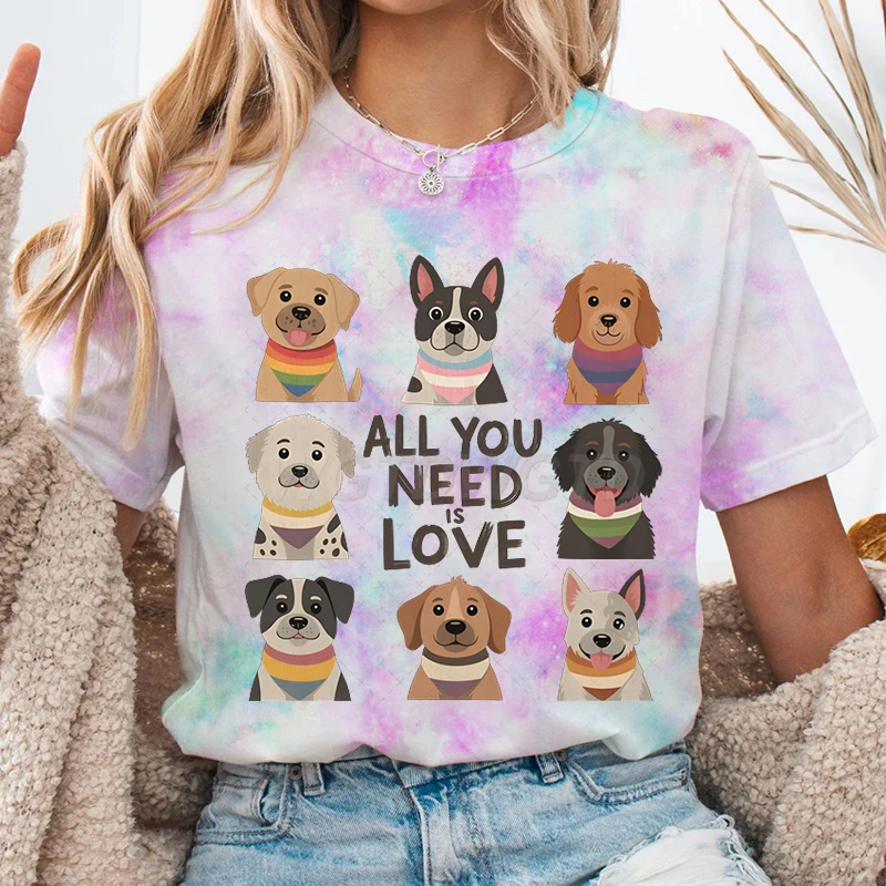 

Dogs & All I Need Is Love Letter Print T-shirt Summer Casual Crew Neck Tie Dye T Shirt Fashion Short Sleeve Tops Women's T-shirt