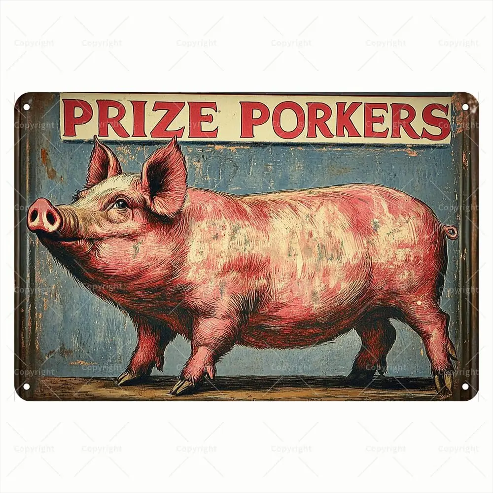 Vintage Tin Sign - Prize Porkers Pig Illustration Rustic Farm Style Retro Metal Sign - Inspirational Tin Sign for Animal Lovers