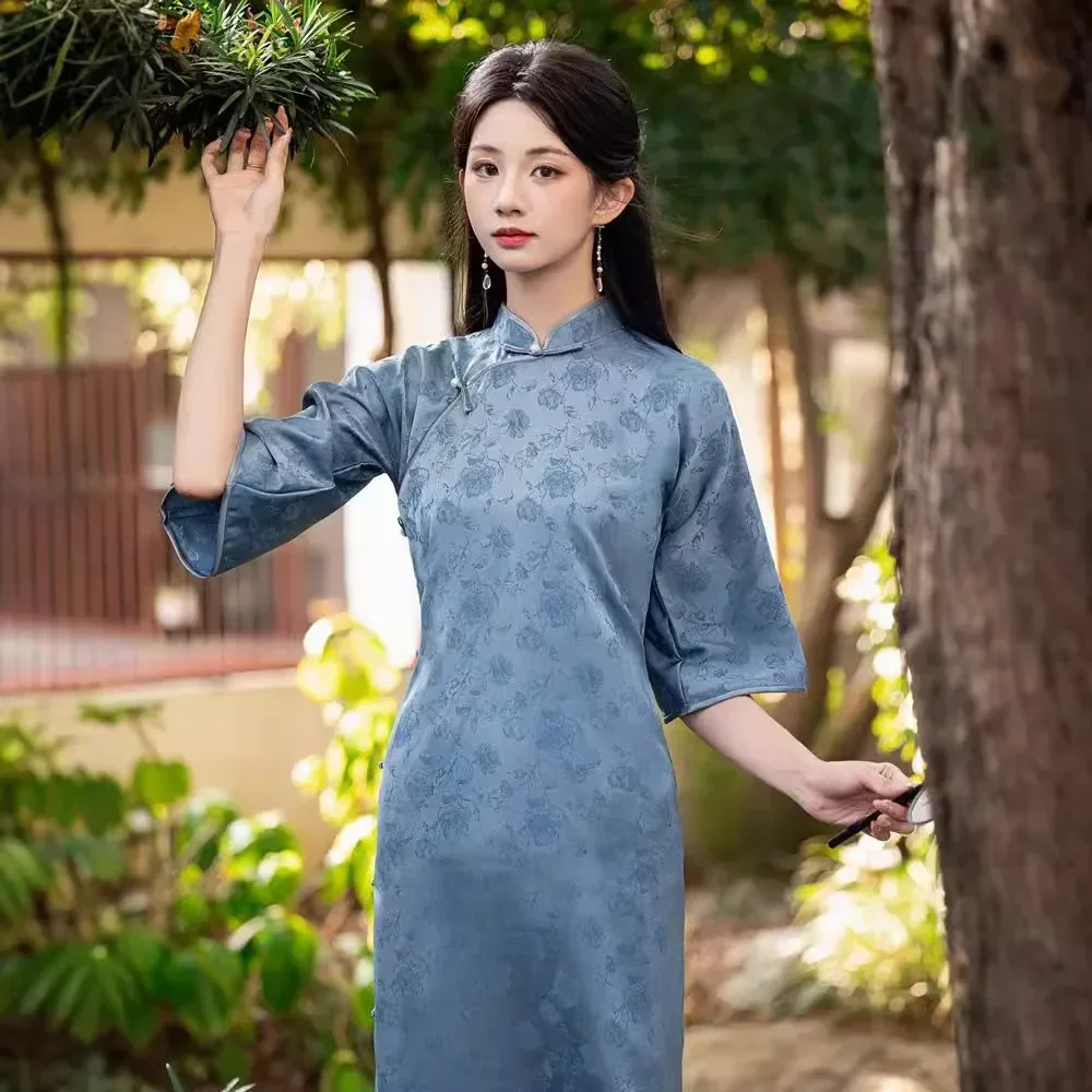 

Blue ancient one-piece young girl's full-open cheongsam autumn inverted big-sleeved meat-covering design dress