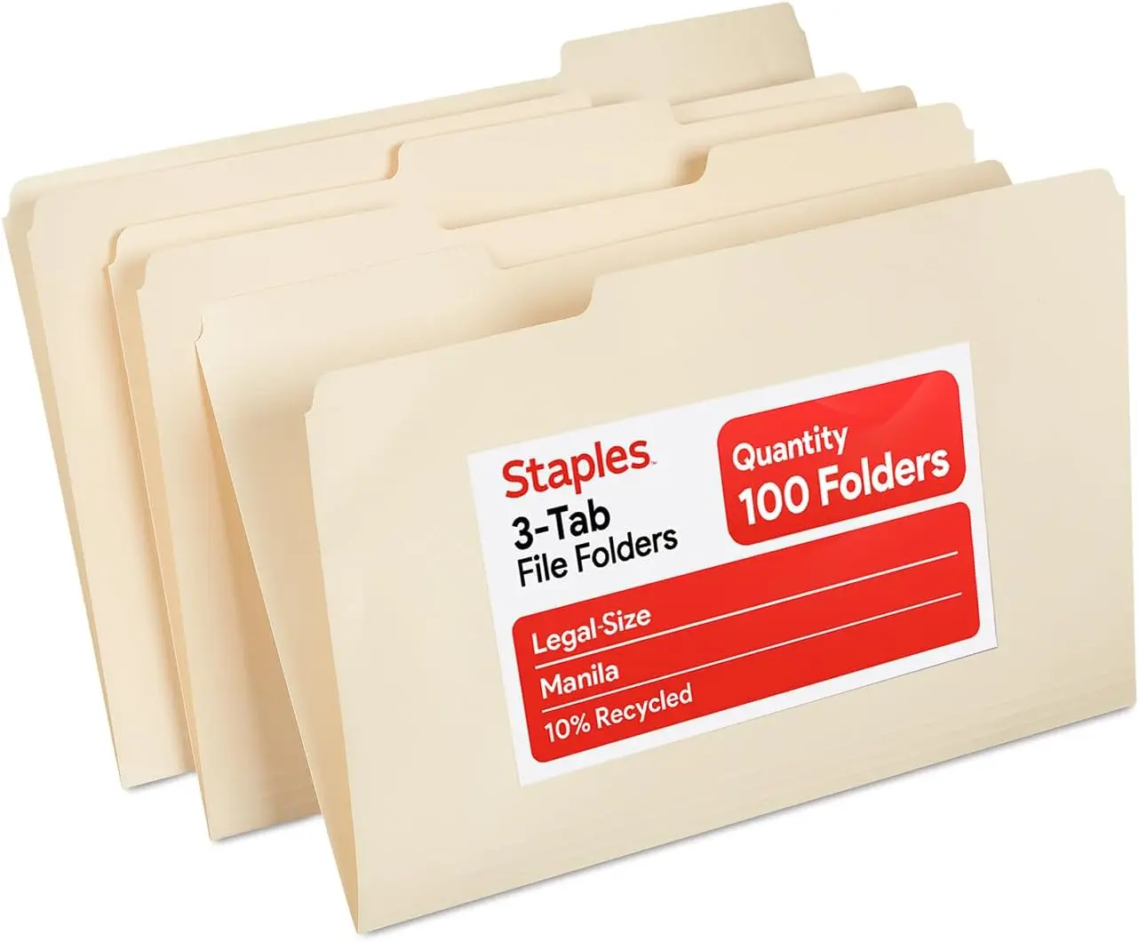 

Recycled File Folders Legal Size with 1/3-Cut Tabs for Office Organization, Manila, 100 Pack