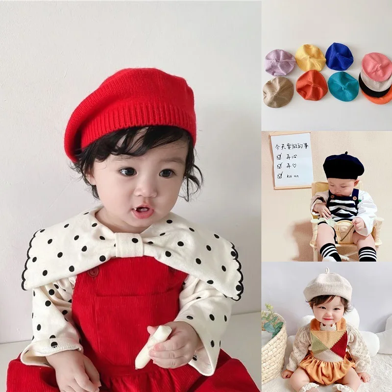 

Candy Color Baby Berets Hat Children Winter Warm Knitted Beanies Korean Girl Artist Painter Cap 1-4year Toddler Sweater Bonnet