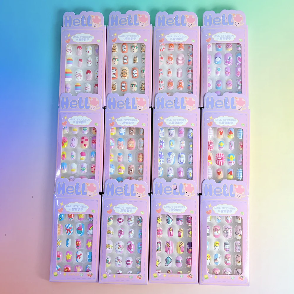 24PC/Box Children's Press On Nails With Jelly Glue Girl's Colorful Cartoon Full Cover Bear Bunny Cat Pattern Fake Nail FalseNail