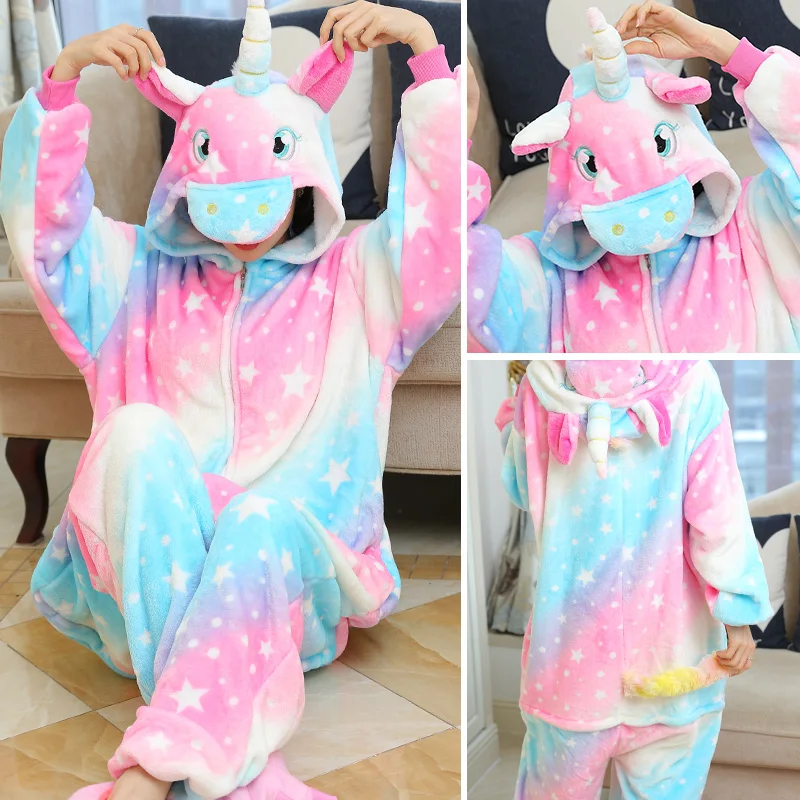 Kigurumi Adults Animal Onesies Pajamas Sets Sleepwear Women Men Winter Unisex Unicorn Cartoon Flannel Pyjamas For Christmas