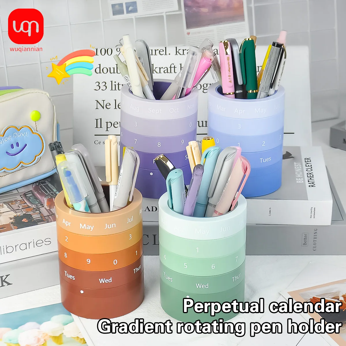 360° Rotating Calendar Pen Holder Capacity Desk Organizer Multi-layer Pencil Cup Month Date Week Display Office Stationery