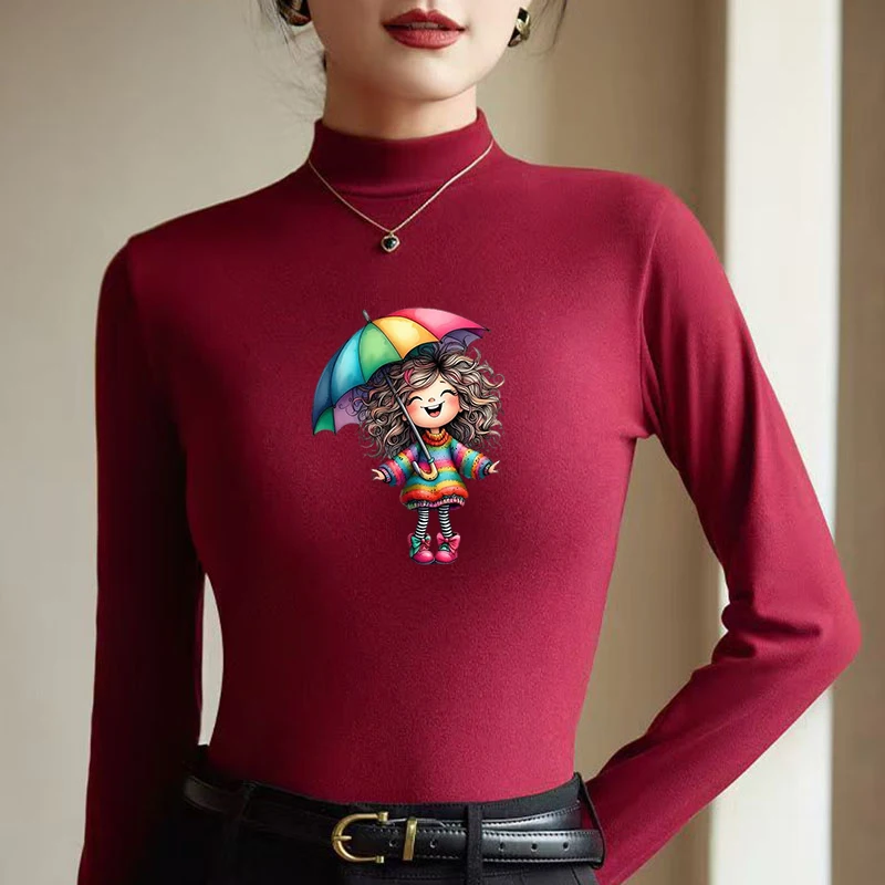 Winter Women's Thermal Brushed Fleece Half Mock Neck Long Sleeve T Shirt Rainbow Umbrella Girl Laughing Happy Graphic Warm Tee