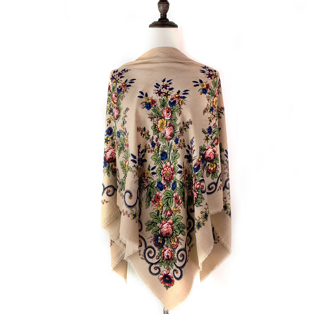 Printed cape with open beard large square scarf Russian Cloak Kazakh ethnic style headscarf shawl 120 * 120CM Poncho