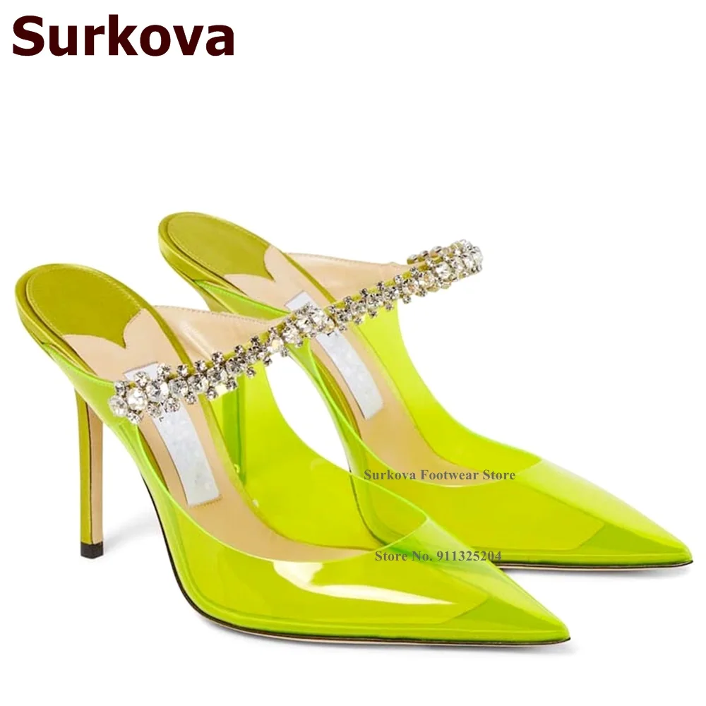 Surkova Lime Green Pink PVC Crystal Slippers Bling Bling Rhinestone Strap Transparent Wedding Shoes Pointed Toe Stilettos Pumps