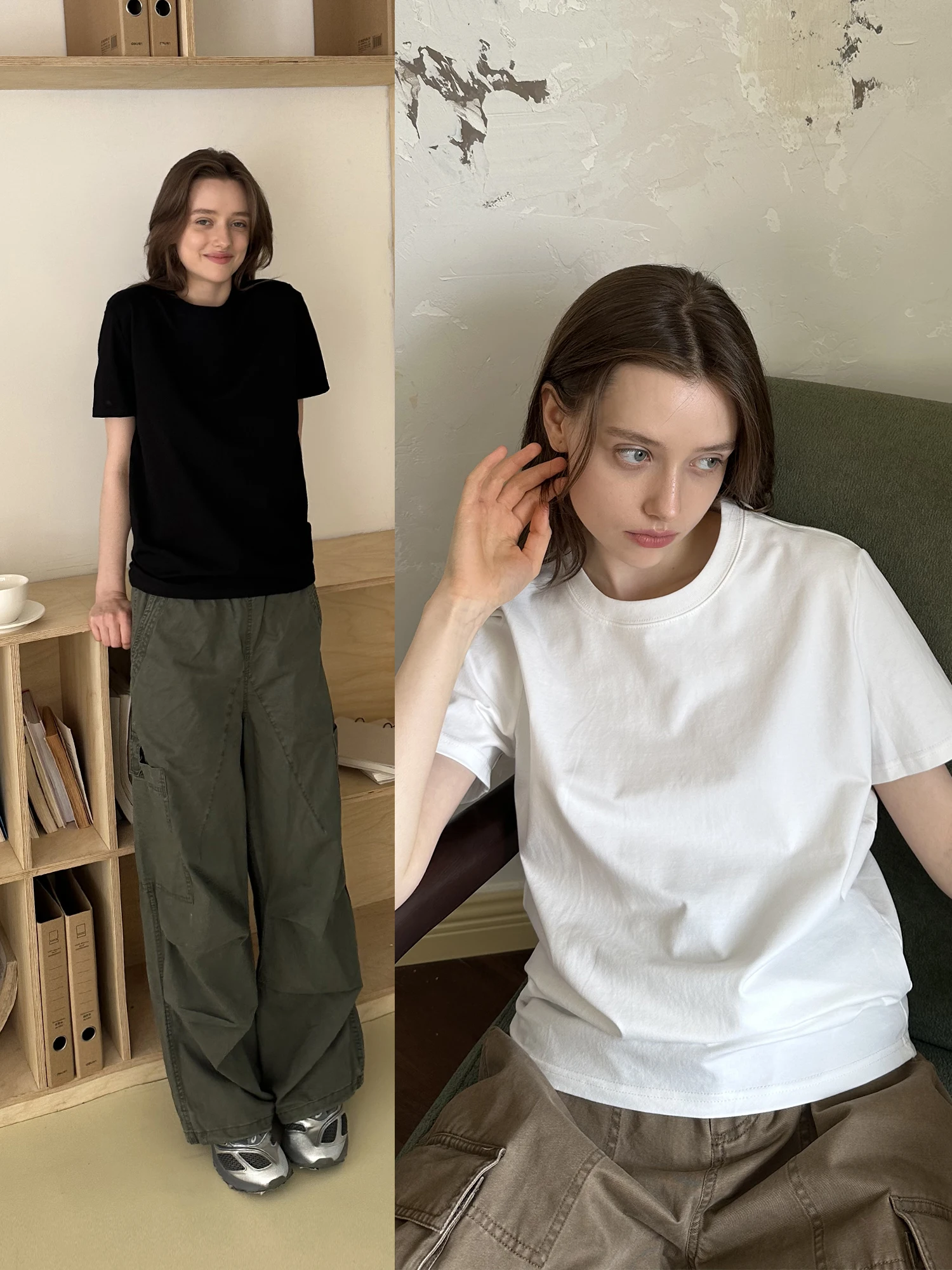 

UNRETRO 250G Smooth Cotton American Basic Color ort Sve T-irt ex round Ne White Base Top Casual Loose Fit