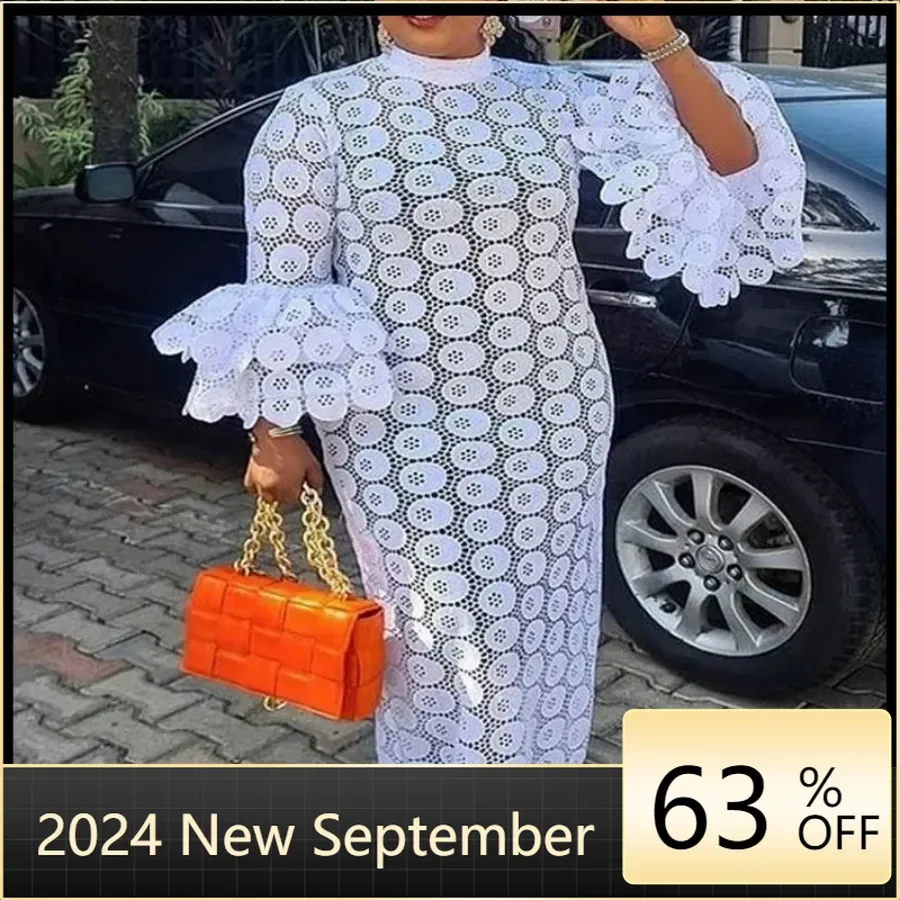 African Dresses For Women Elegant Hollow Out New Muslim Fashion Abayas Dashiki Robe Kaftan Long Maxi Dress One Piece 2024