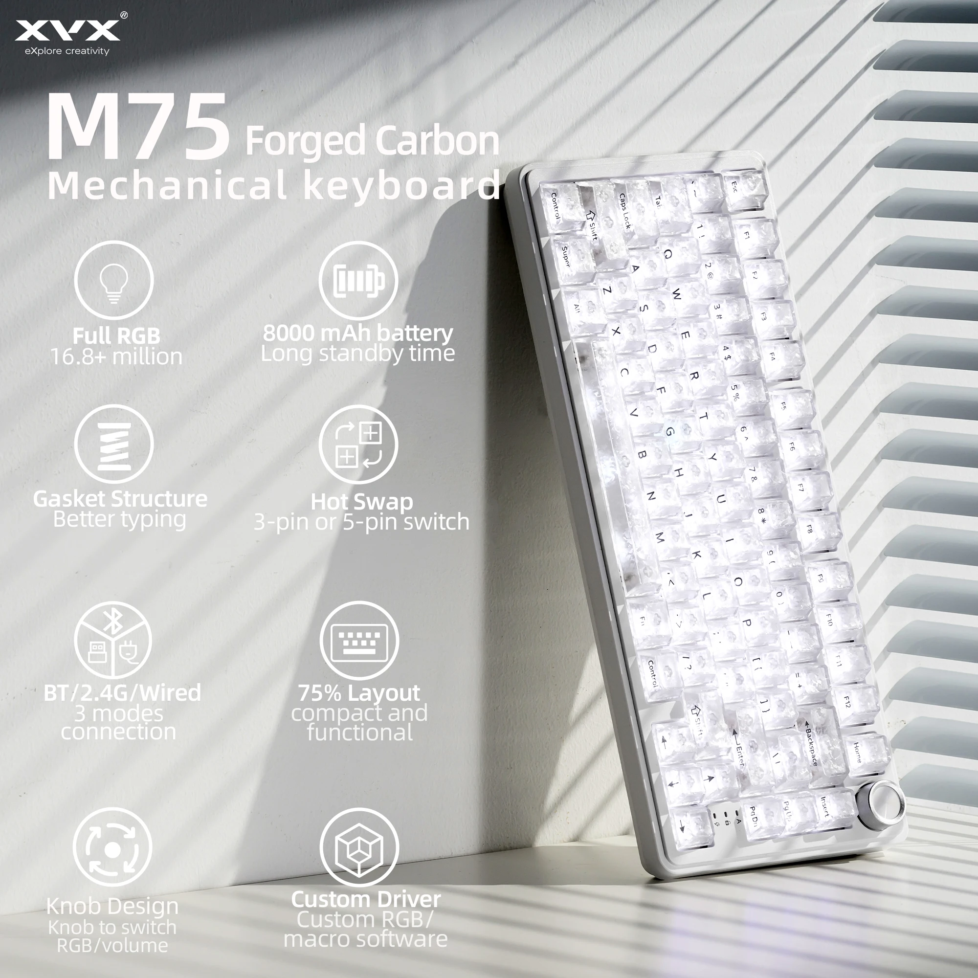 XVX M75 Forged Carbon Clear 75% Tri-Mode RGB Mechanical Keyboard with Knob Transparent Keyboard