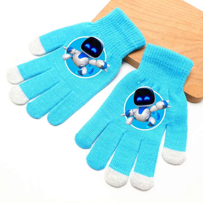 Astro Bot Gloves Boys Girls Anime Cartoon Cute Blue Mittens Children Winter Warm Windbreak Knitted Glove Necessary Accessories