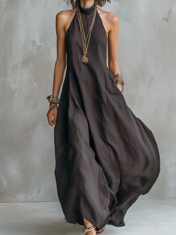 Damen Boho Maxikleid Ärmellos Sommer Neckholder Rückenfrei Mode Urlaub Party Einfarbig Damenkleid Streetwear 2026