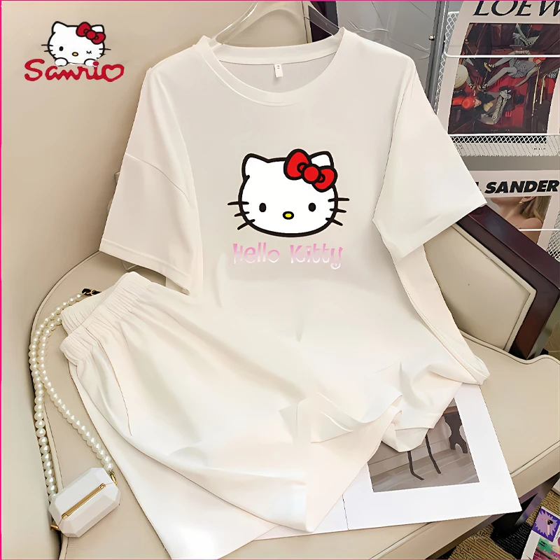 

Hello Kitty Short Sleeve Sets Solid Color Women Loose-Fit Short Sleeve Shorts 2Pcs Set Summer Women's Pajamas Home Wear Set