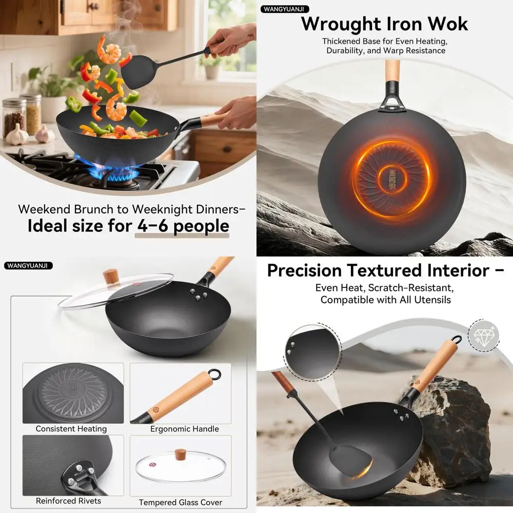 

11,8 Вок с плоским дном и стеклянной крышкой, деревянная ручка, сковорода с антипригарным покрытием для газовых, электрических, индукционных варочных панелей