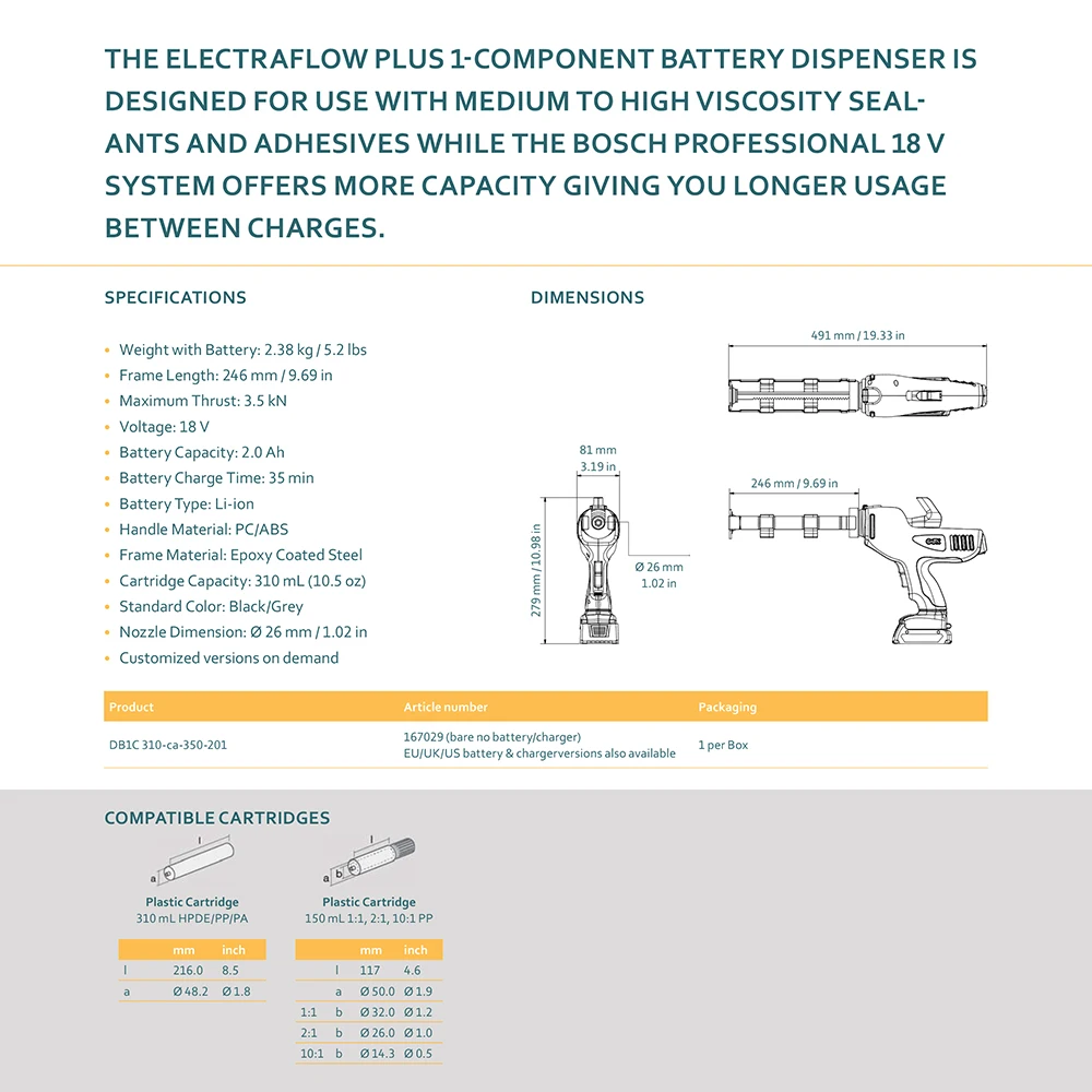 موزع خرطوشة SULZER COX ElectraFlow Plus مكون واحد 310 مل مدعوم من بطاريات ليثيوم أيون احترافية 18 فولت من Bosch