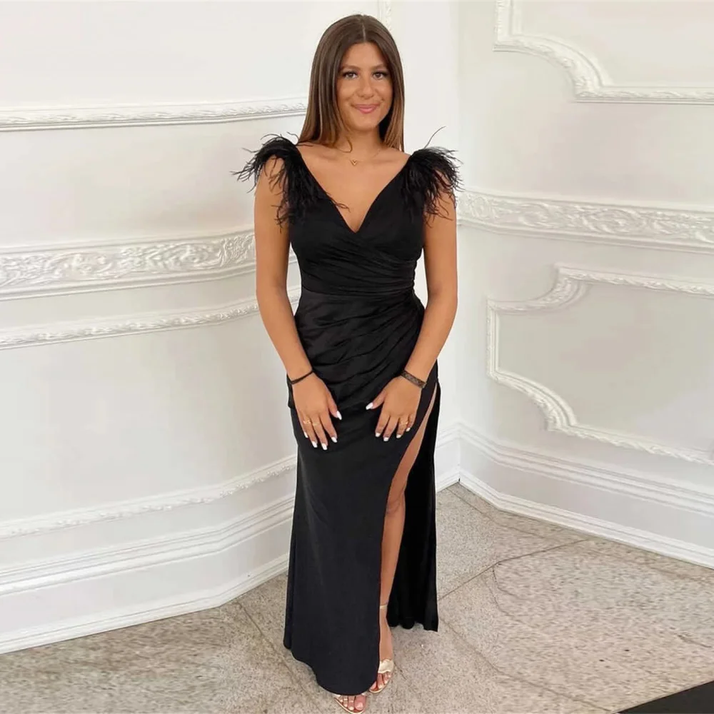 

Shiyicey Modern V-neck Black Chiffon Prom Dresses with High Slit Feather Floor-length Evening Gown Party Long Bridesmaid Dress