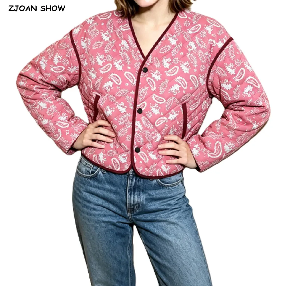 Autumn Women Pink Paisley Flower Print V Collar Quilted Reversible Coat Binding Quilting Long Sleeve Short Bomber Jacket Outwear