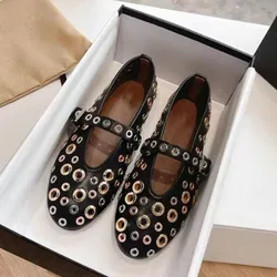 Mary Jane - Women's metal studded shoes, hollow flat bottomed round toe personal shoes, comfortable ballet shoes, novelty