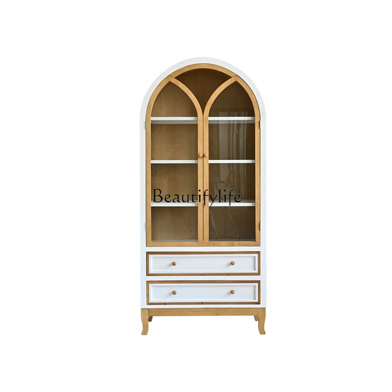 

American rural solid wood living room wall display cabinet retro old glass door dining side cabinet