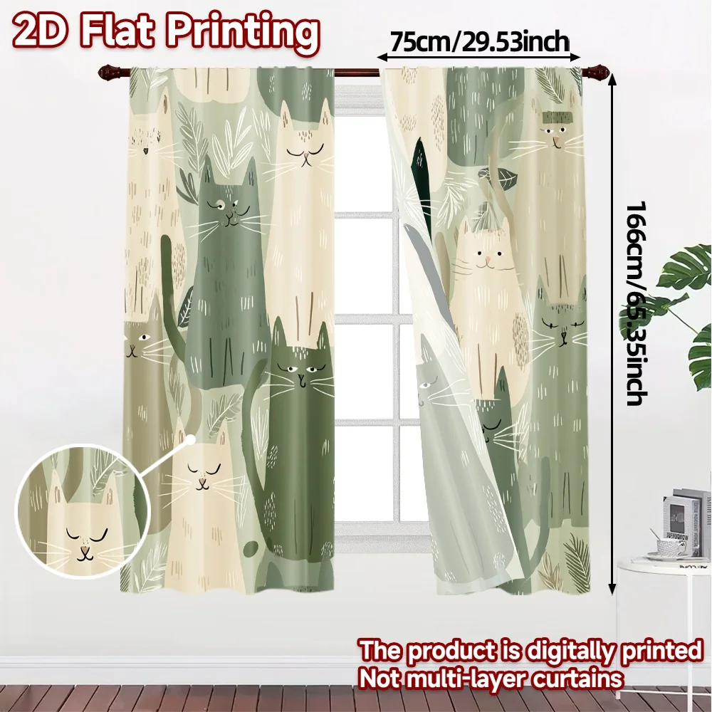 2D Flat Printing,JIT 2pcs, Curtains (Without Rod) Curtain Cats Modern Minimalist Curtains Versatile Polyester Curtains Versatile