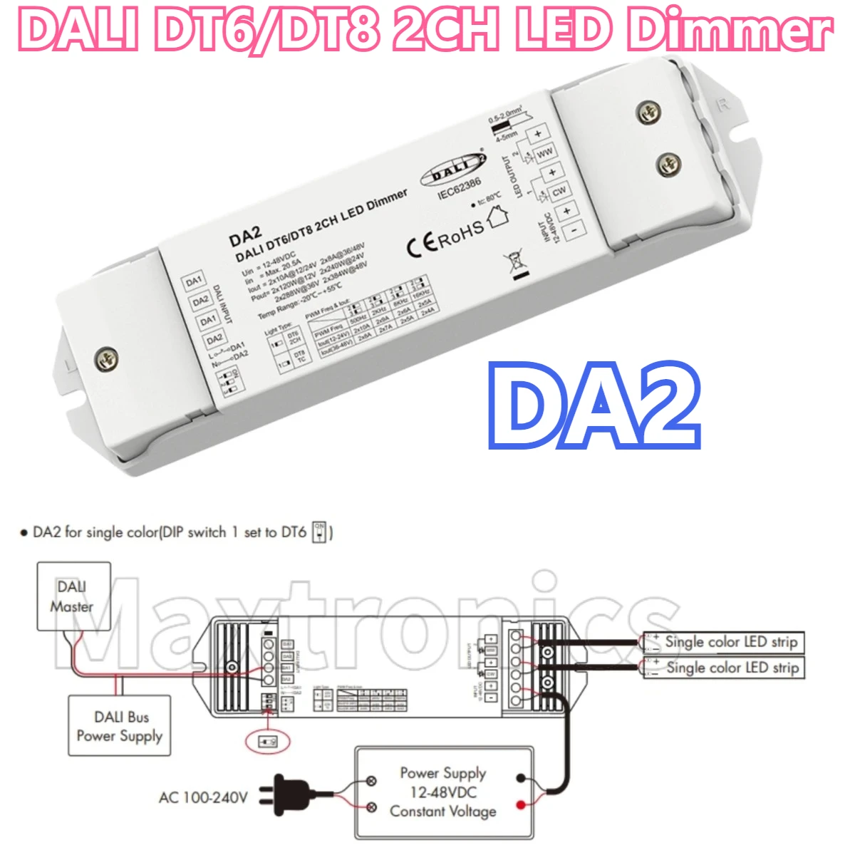 New DA2(DT6/DT8) Skydance 2Channel Constant Voltage DALI Dimmer DT6 Dimming or DT8 Color Temperature 10A/CH for LED Strip Light