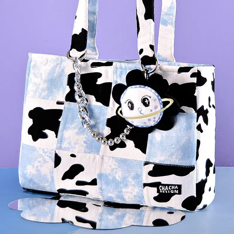 Sweet Lolita Original Cow Print Patchwork Canvas Tote Bag Women Large Capacity Laptop Bag For School Commute