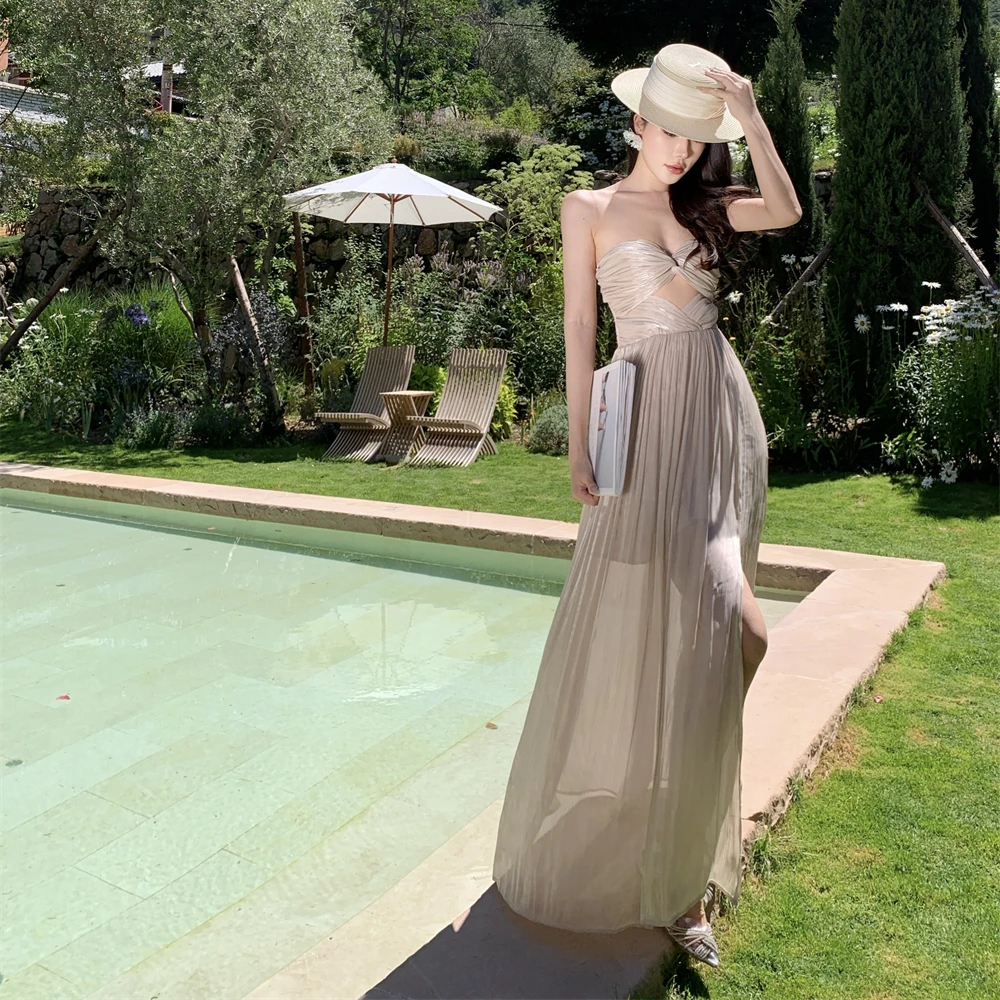 

Retro Sensual iny Pearl Color Tube Dr Women's Holiday Hollow out Long Dr Ele Hollow out Commute Polyester Fiber