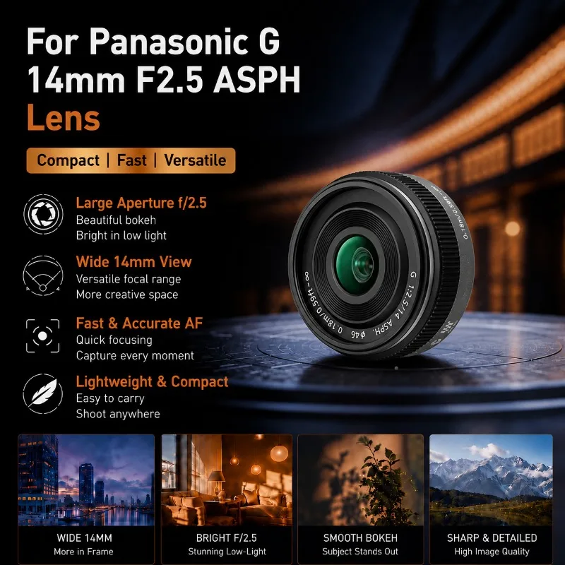 95% New Genuine For Panasonic G 14mm F2.5 Wide Angle Lens Compact Pancake Design Large for M43 Mirrorless Cameras
