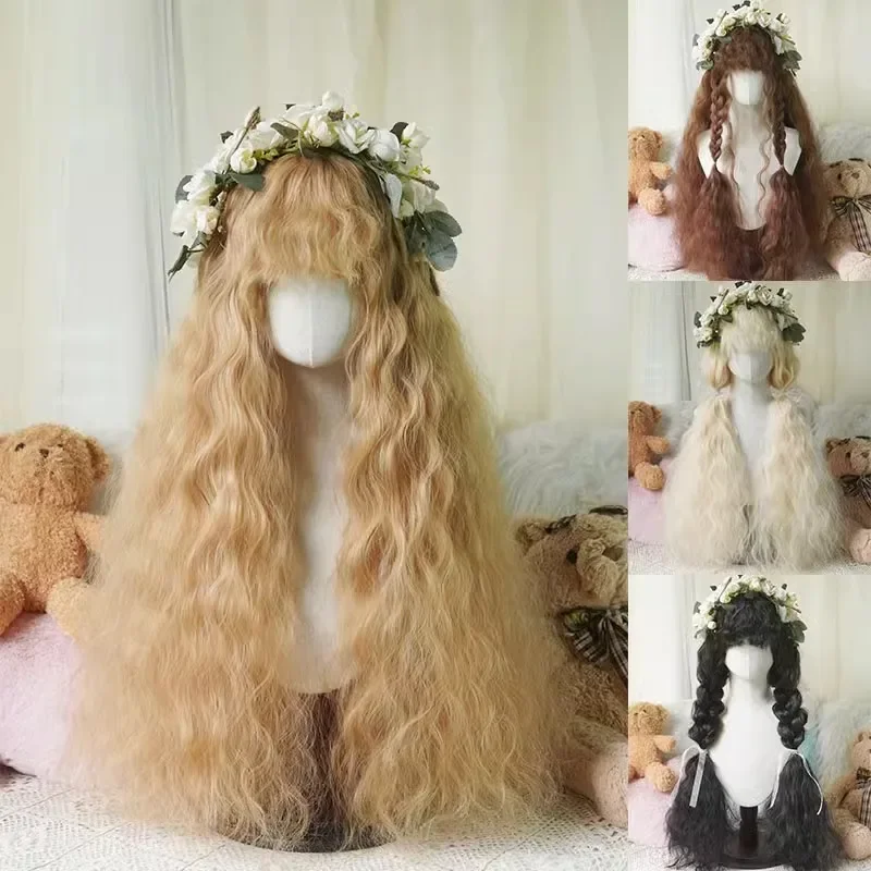 Daily Party Lolita Cosplay Fluffy Natural Heat Resistant Hair Wig 80cm Mori Girl Long Wavy Brown Synthetic Wig with Bangs